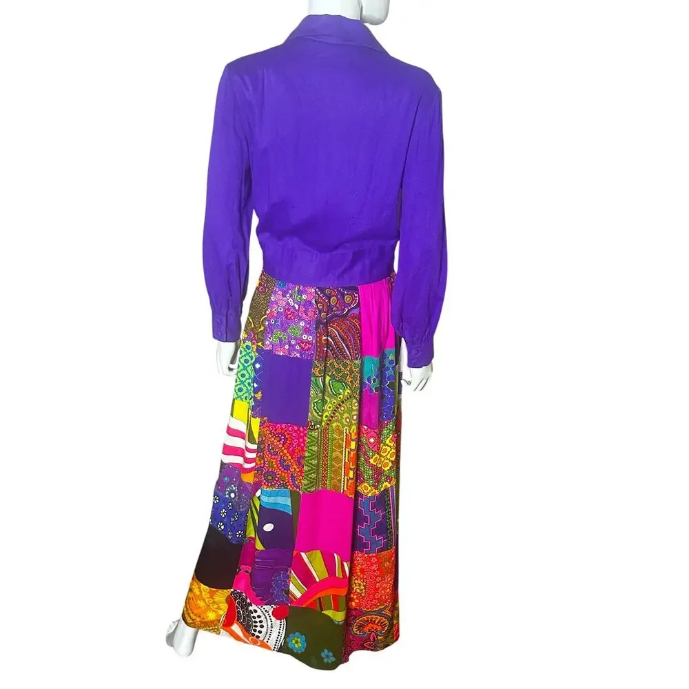 Vtg 1970s Krist Psychedelic Patchwork Maxi Dress Acrylic Barkcloth psychedelic
